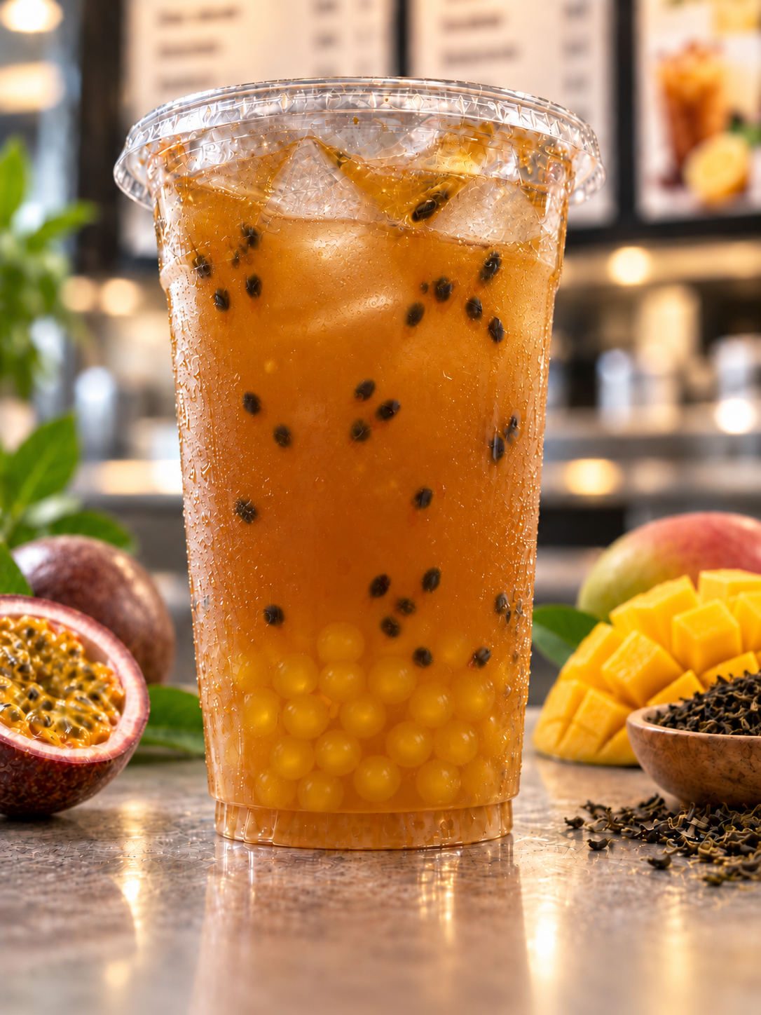 Passion Fruit Mango Tea + Popping Boba